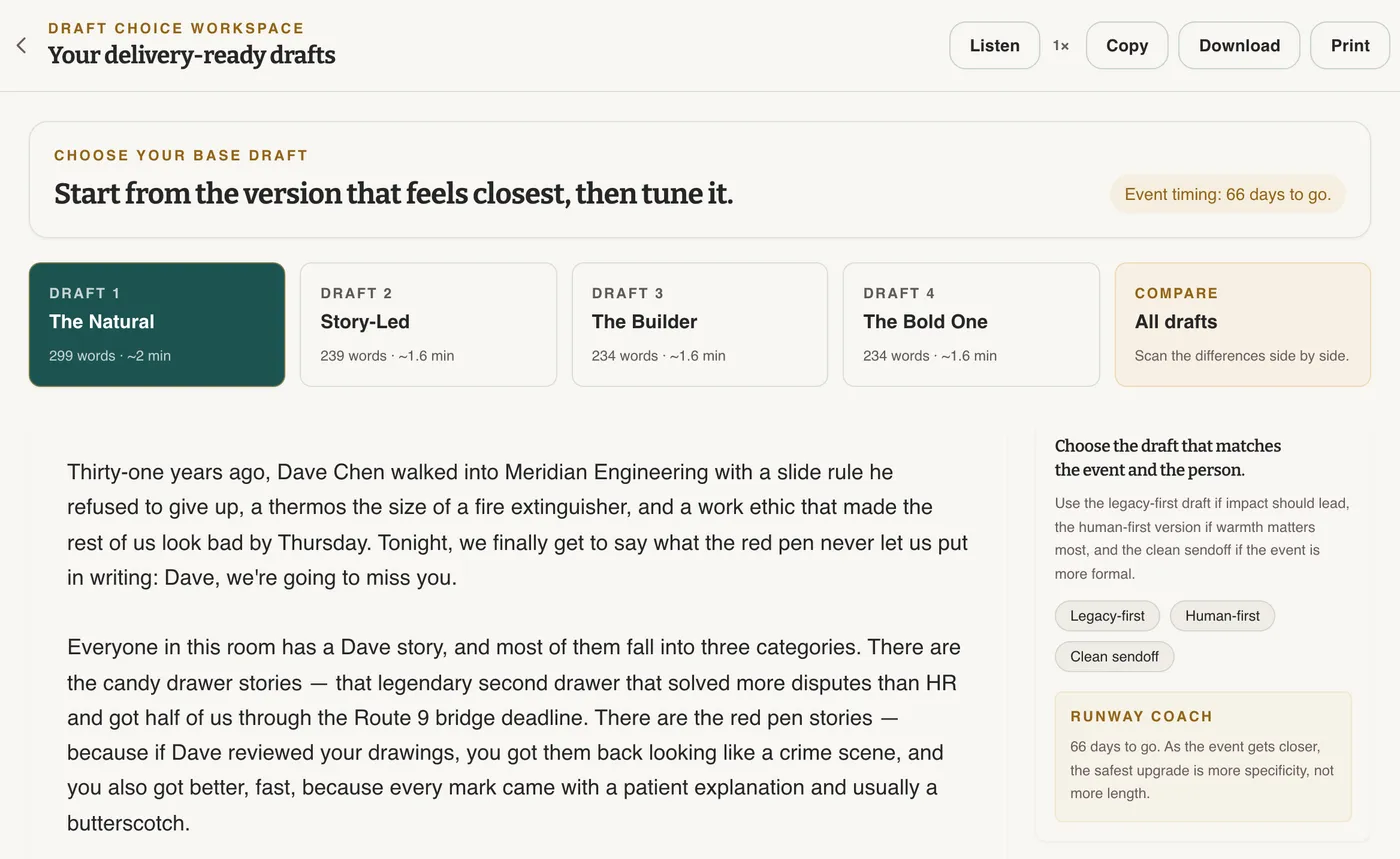 Screenshot of the draft editor showing four retirement toast drafts in tabs, an editable draft about a longtime colleague, and a delivery coach sidebar