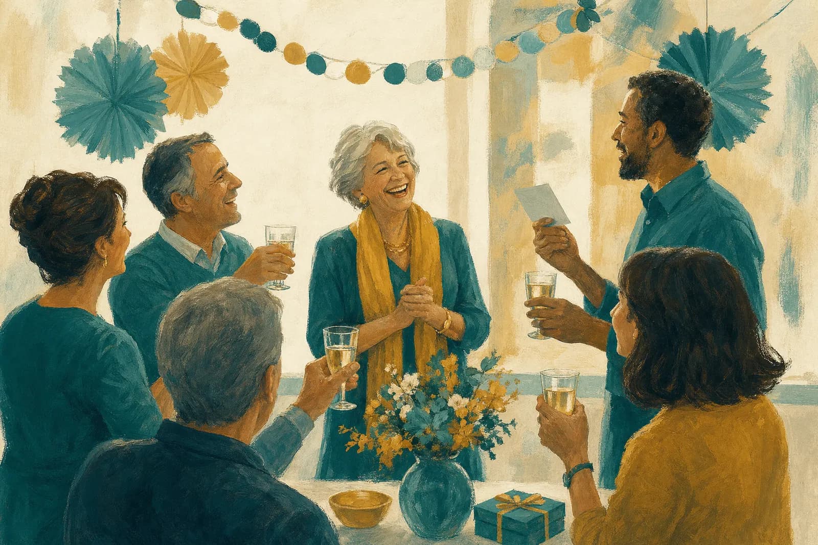 A painted retirement gathering with colleagues smiling as a speaker raises a glass to the retiree.