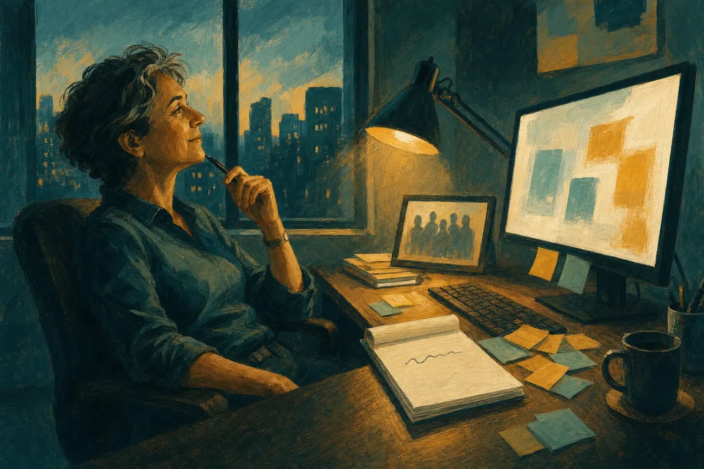 Painted scene of a person at their office desk after hours with a nearly blank notepad and sticky notes